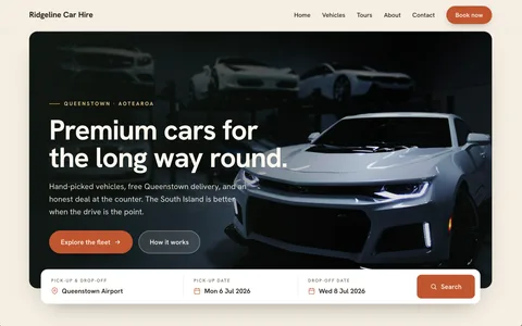 The Premium theme: a dark vehicle photograph under editorial type, with a warm accent and a booking bar.
